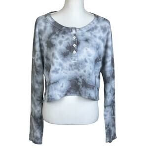 Aeropostale Waffle Tee Women Medium Cropped Top Blue Gray Tie Dye Boxy Henley